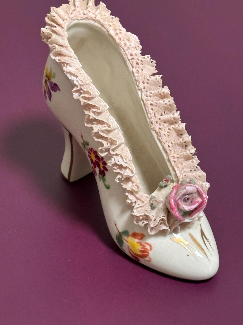 Dresden vintage applied lace hand painted flowers porcelain high heel shoe